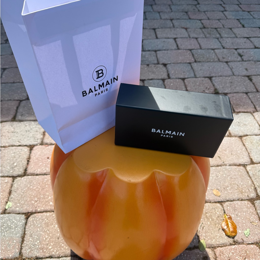 Balmain Black Sunglasses Box With White Branded Bag And Orange Display